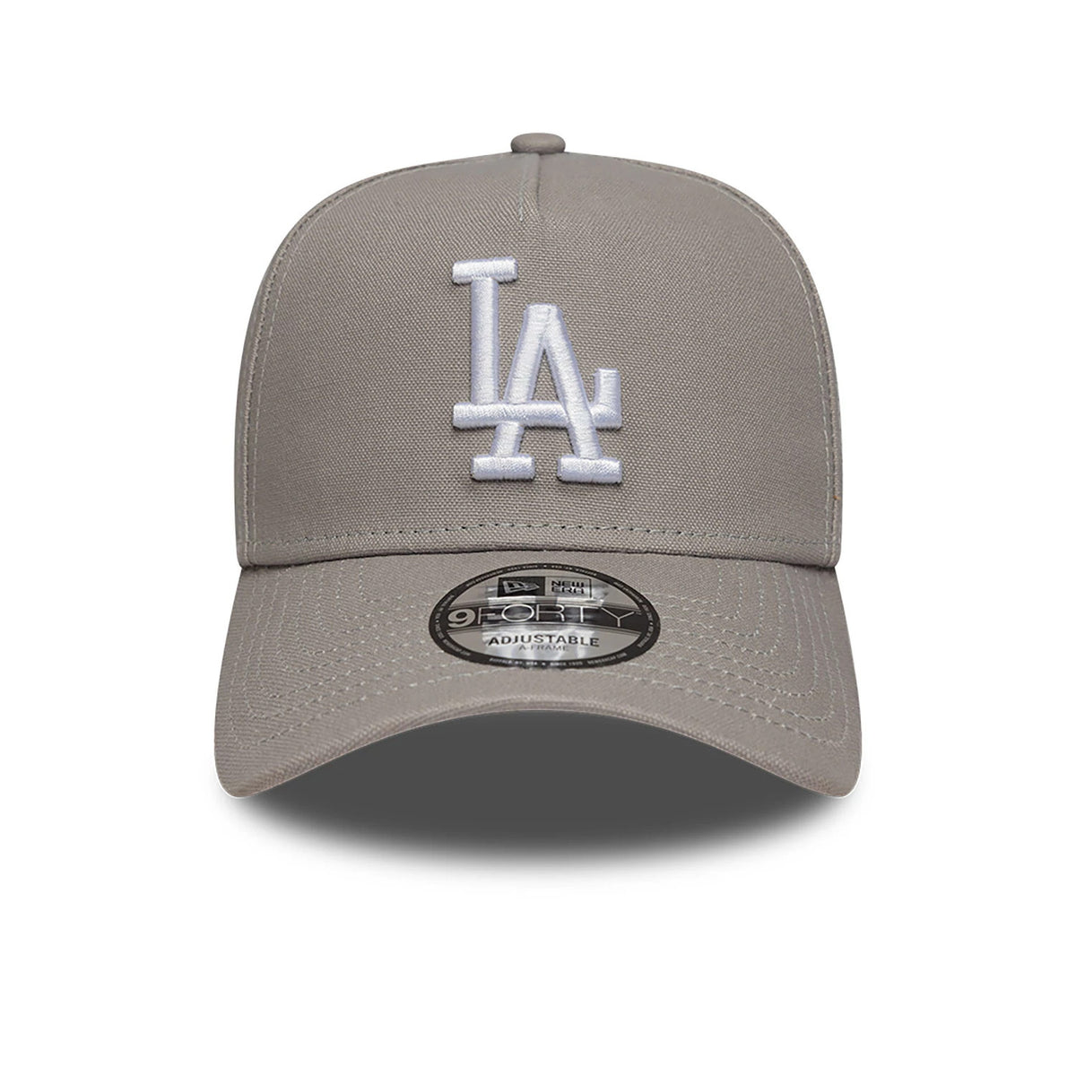 LA Dodgers Essential Pack Grey New Era 9FORTY A-Frame Adjustable Cap, front view showing the raised white embroidered LA logo on the structured grey crown, a matching curved visor, and a 9FORTY size sticker on the centre of the visor.