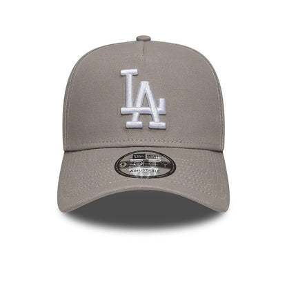 LA Dodgers Essential Pack Grey New Era 9FORTY A-Frame Adjustable Cap, front view showing the raised white embroidered LA logo on the structured grey crown, a matching curved visor, and a 9FORTY size sticker on the centre of the visor.