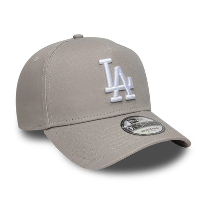 LA Dodgers Essential Pack Grey New Era 9FORTY A-Frame Adjustable Cap, three-quarter view with a raised white embroidered LA logo on the front panel, a curved grey visor, and a 9FORTY size sticker on the visor.