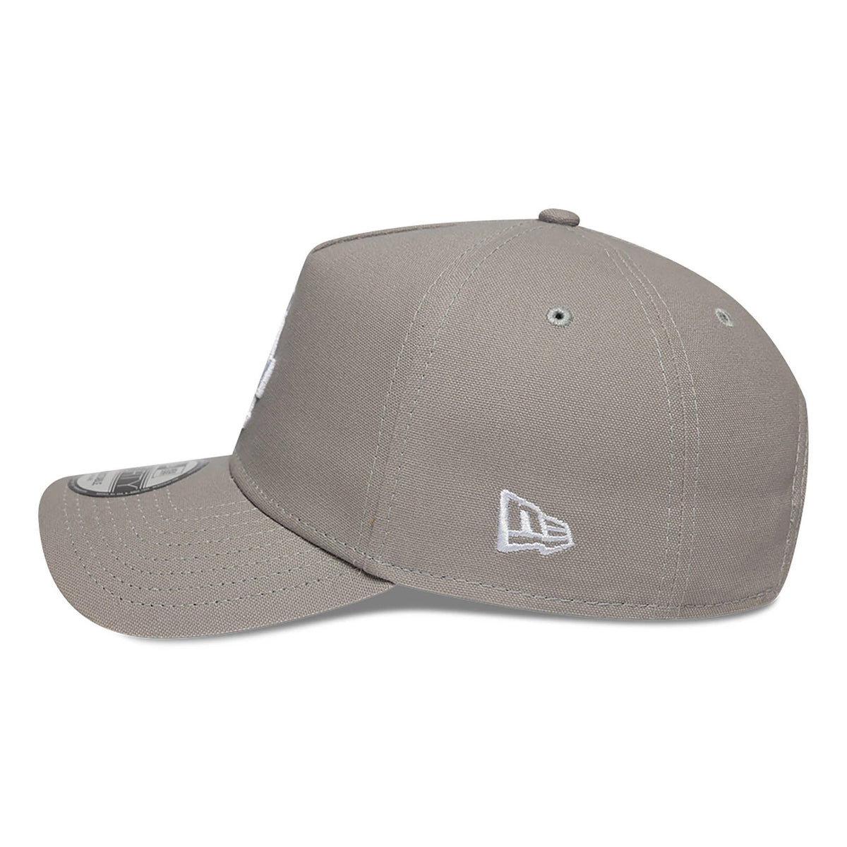 LA Dodgers Essential Pack Grey New Era 9FORTY A-Frame Adjustable Cap, side view showing the white embroidered New Era flag logo on the left side, a slightly curved grey visor with a 9FORTY size sticker.