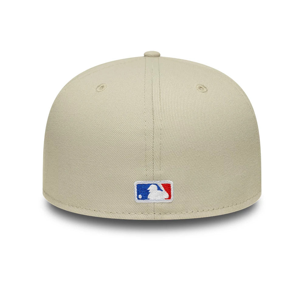 LA Dodgers MLB Beige New Era 59FIFTY Fitted Cap, rear view showing the embroidered MLB Batterman logo centred on the back panels beneath the top button, with beige eyelets symmetrically placed on the structured crown.