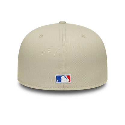 LA Dodgers MLB Beige New Era 59FIFTY Fitted Cap, rear view showing the embroidered MLB Batterman logo centred on the back panels beneath the top button, with beige eyelets symmetrically placed on the structured crown.