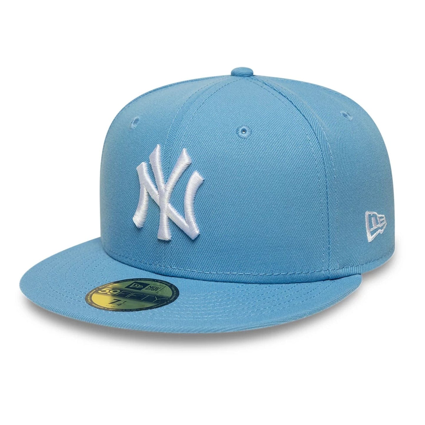 Pictured is this MLB New York Yankees 59FIFTY Fitted cap in pastel blue. 1