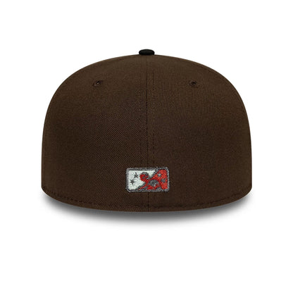 Pictured is this MiLB Pinwheel Lake Elsinore Storm 59FIFTY Fitted cap in dark brown. 5