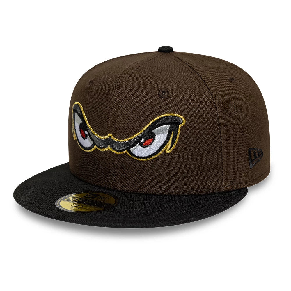 Lake Elsinore Storm MiLB Pinwheel Dark Brown & Black New Era 59FIFTY Fitted Cap, front view showing embroidered eyes in white, black, and yellow on the dark brown front panels, with a flat black visor and a gold 59FIFTY size sticker.