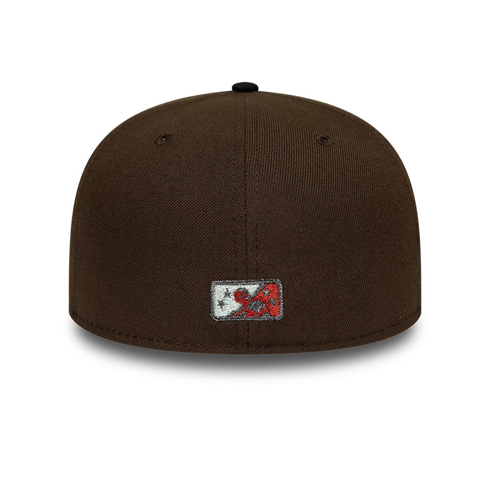 Pictured is this MiLB Pinwheel Lake Elsinore Storm 59FIFTY Fitted cap in dark brown & black. 5