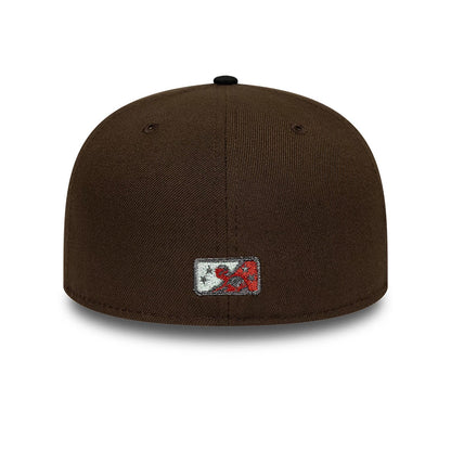Pictured is this MiLB Pinwheel Lake Elsinore Storm 59FIFTY Fitted cap in dark brown & black. 5