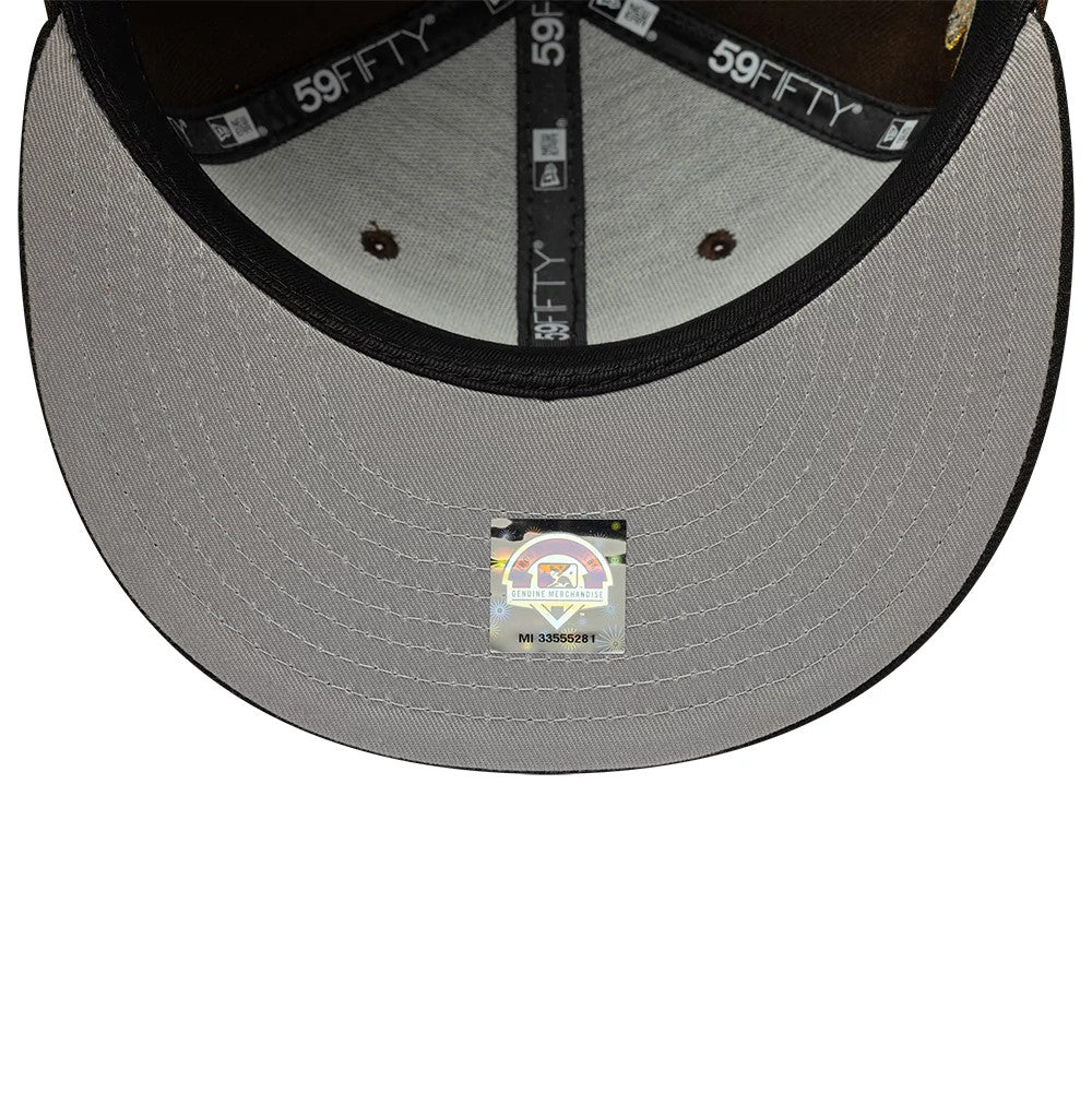 Lake Elsinore Storm MiLB Pinwheel Dark Brown & Black New Era 59FIFTY Fitted Cap, inside view showing the grey undervisor with contrasting stitching, black and grey taping with 59FIFTY branding, and a holographic sticker at the centre.