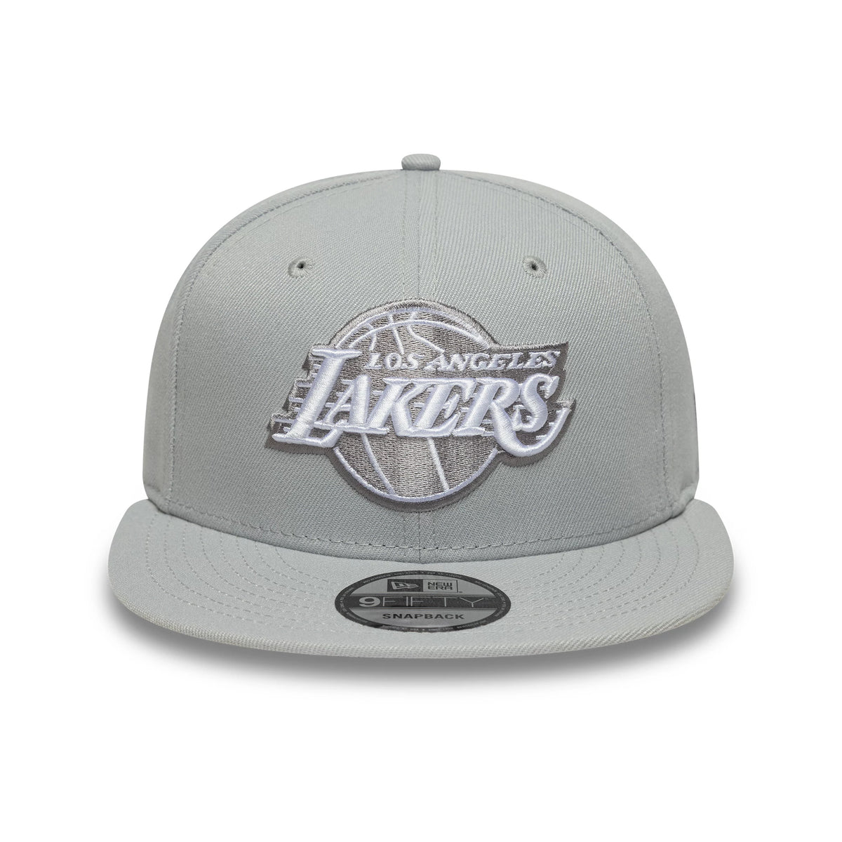 LA Lakers NBA Essential Pack Grey New Era 9FIFTY Snapback Adjustable Cap, front view showing the raised embroidered white and silver Lakers logo on the structured grey crown, with a grey flat visor and a 9FIFTY size sticker.