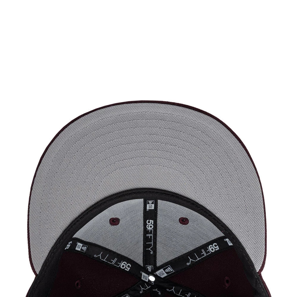 LA Dodgers MLB Dark Purple New Era 59FIFTY Fitted Cap, inside view showing the grey undervisor with dark purple taping, the black sweatband featuring 59FIFTY branding, and the structured crown with inside seams and eyelet stitching.