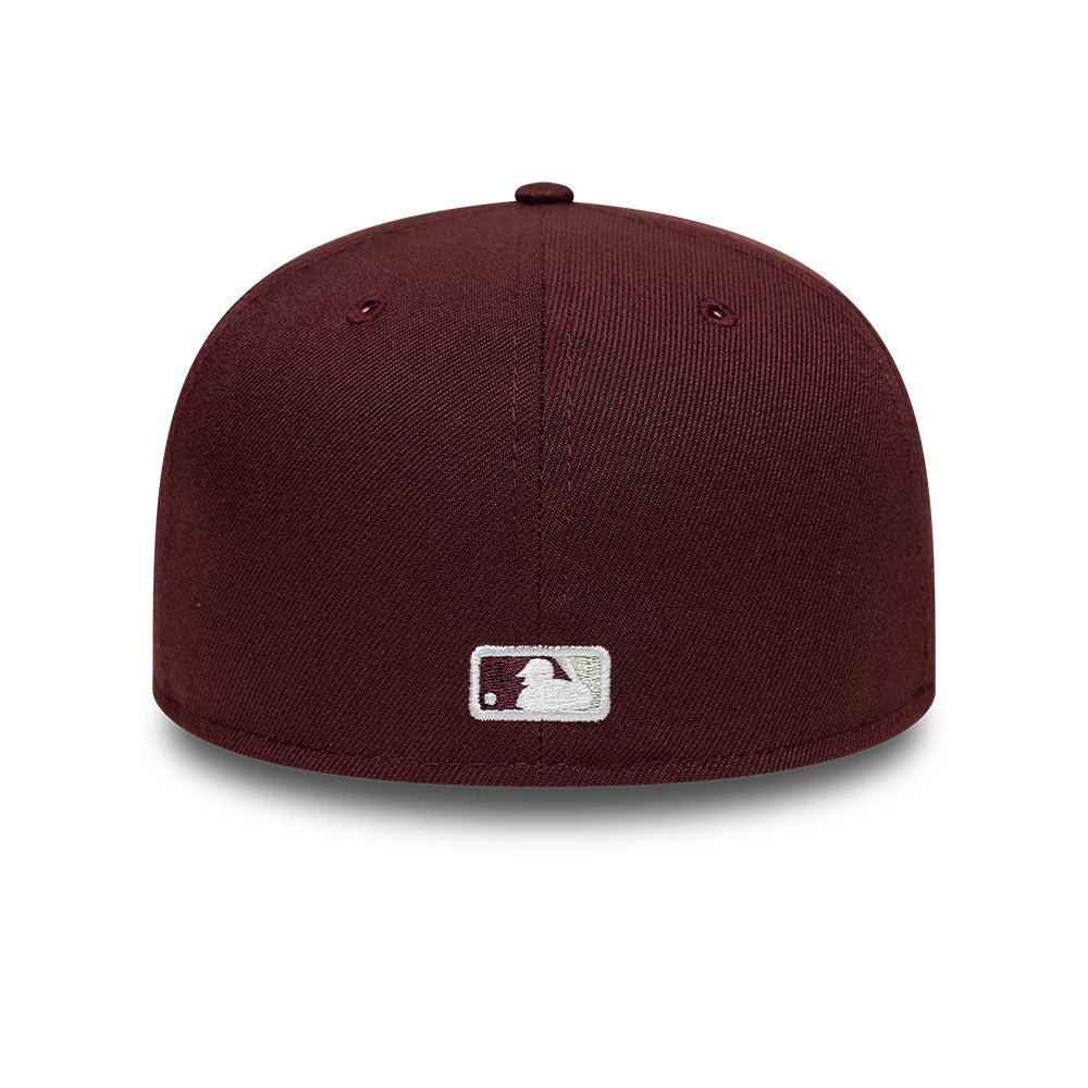 New York Yankees MLB Dark Purple New Era 59FIFTY Fitted Cap, rear view showing the white embroidered MLB Batterman logo centred on the dark purple crown, with matching eyelets and a top button, highlighting its classic structured design.