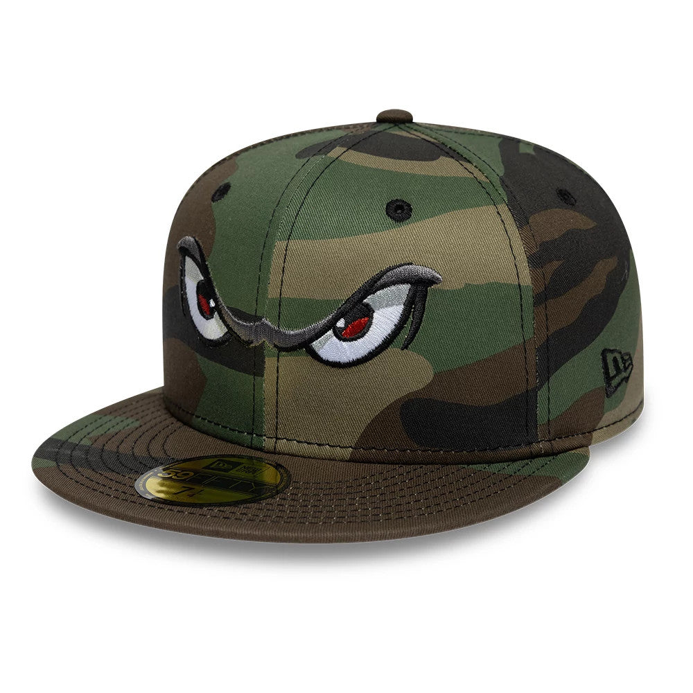 Lake Elsinore Storm MiLB Pinwheel Green New Era 59FIFTY Fitted Cap, front view showing raised embroidered red and white eye logo on the green camouflage front panels, with a brown flat visor and a gold 59FIFTY size sticker.