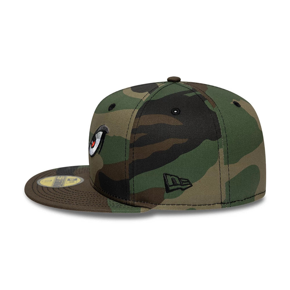 Lake Elsinore Storm MiLB Pinwheel Green New Era 59FIFTY Fitted Cap, side view showing the camo pattern across the structured crown, black embroidered New Era flag logo on the left side, and green flat visor with a gold 59FIFTY size sticker.