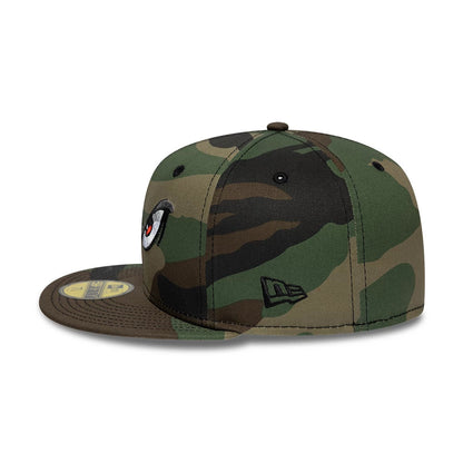 Lake Elsinore Storm MiLB Pinwheel Green New Era 59FIFTY Fitted Cap, side view showing the camo pattern across the structured crown, black embroidered New Era flag logo on the left side, and green flat visor with a gold 59FIFTY size sticker.