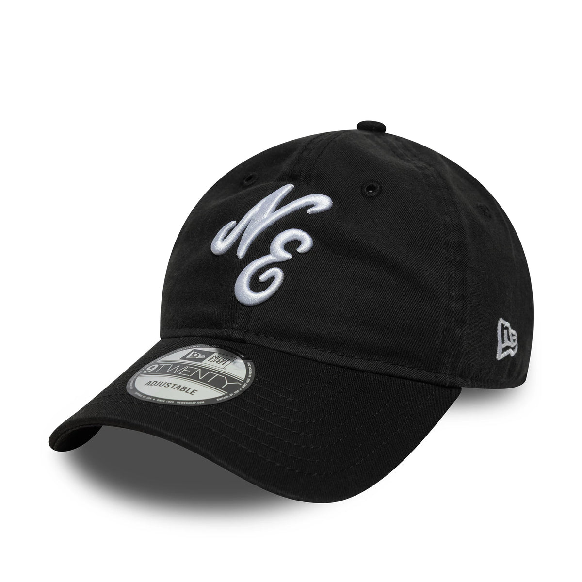 New Era Black 9TWENTY Adjustable Cap, three-quarter view showing a large white embroidered NE logo on the front panel, a curved black visor with a 9TWENTY size sticker, and the New Era flag logo on the left side.