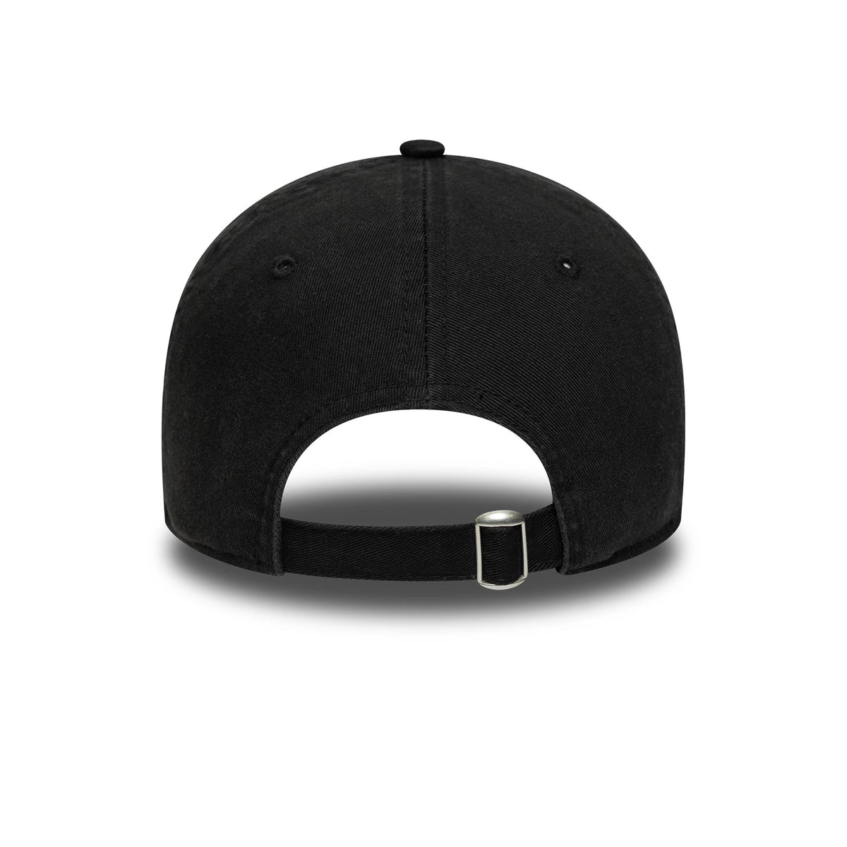 New Era Black 9TWENTY Adjustable Cap, rear view showing the curved shape of the black unstructured crown, an opening at the back for adjustability, and a black strap with a buckle closure.
