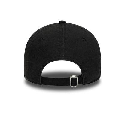 New Era Black 9TWENTY Adjustable Cap, rear view showing the curved shape of the black unstructured crown, an opening at the back for adjustability, and a black strap with a buckle closure.