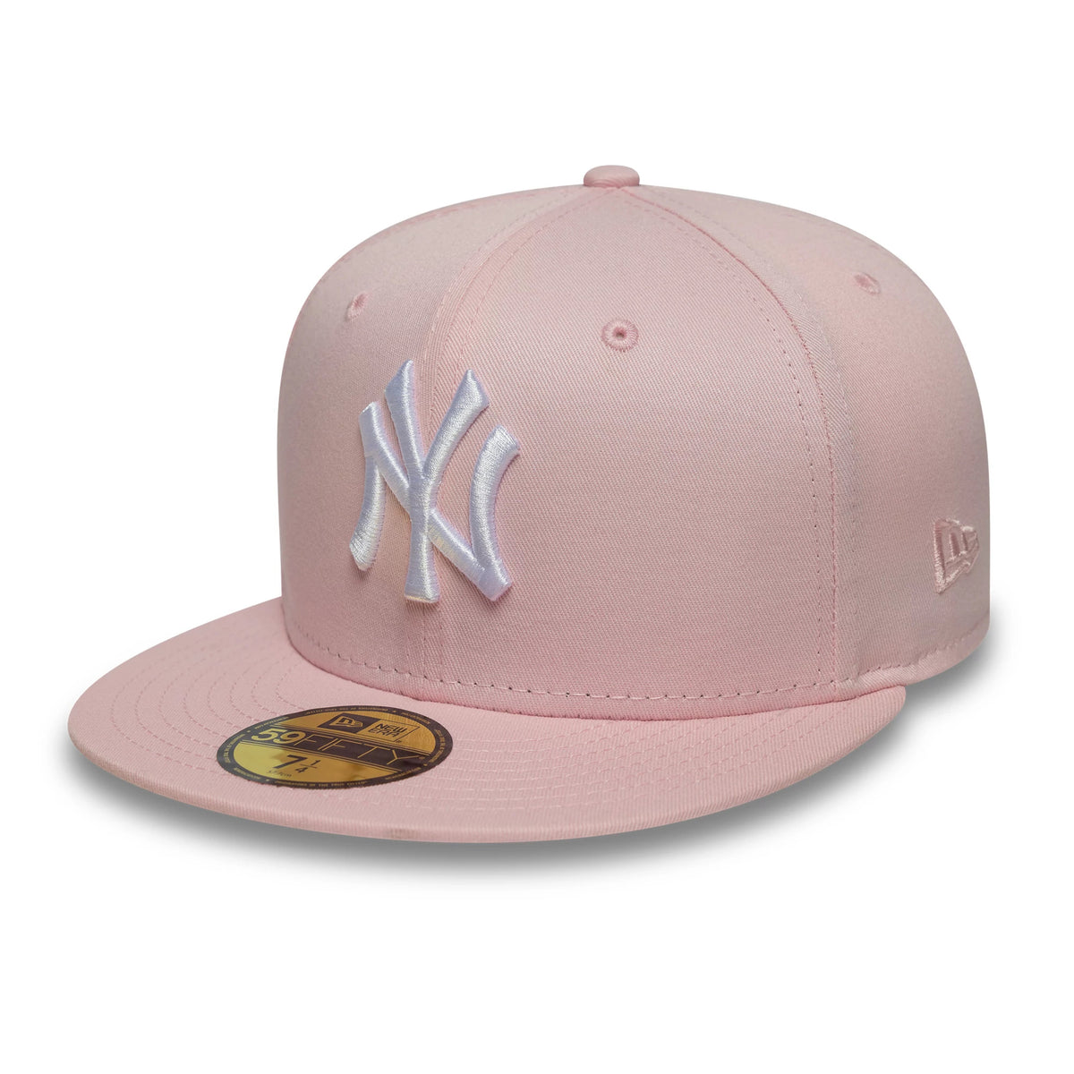 New York Yankees MLB World Series Pink New Era 59FIFTY Fitted Cap, three-quarter view showing the raised white embroidered NY logo on the front panel, a gold 59FIFTY size sticker on the flat pink visor.