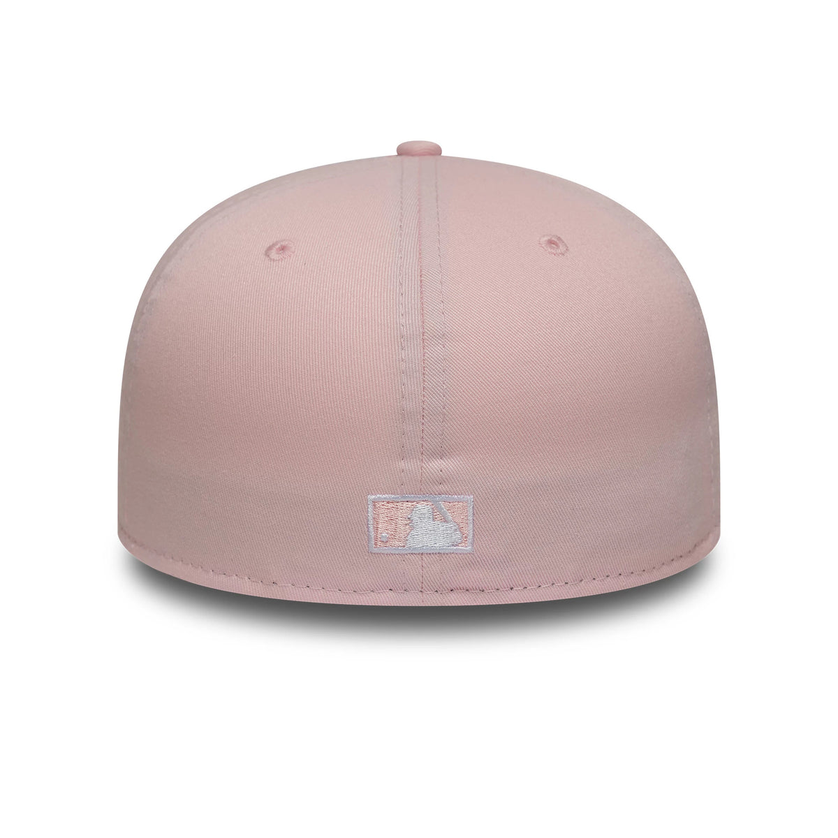 New York Yankees MLB World Series Pink New Era 59FIFTY Fitted Cap, rear view showing the embroidered MLB Batterman logo in white and pink at the centre back, set low on the structured pink crown with matching eyelets and a top button.