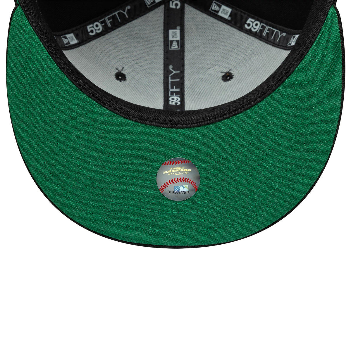 New York Yankees MLB Black New Era 59FIFTY Fitted Cap, inside view showing the green undervisor with a baseball sticker, complemented by black sweatband and branded taping, and black eyelets on grey panels.
