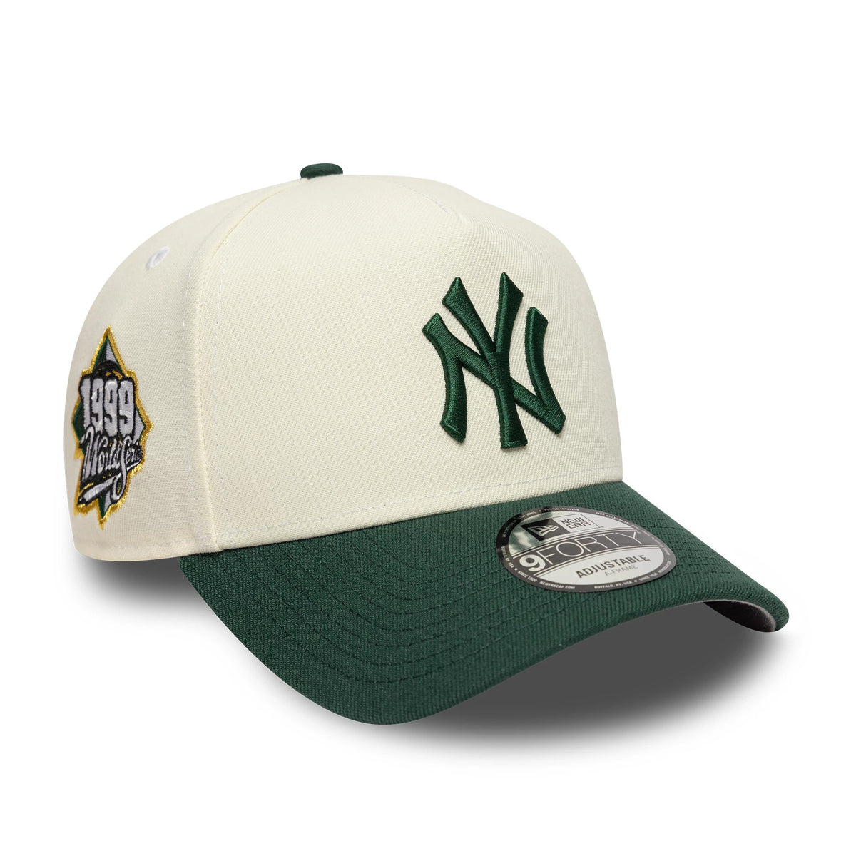 Pictured is this MLB World Series New York Yankees 9FORTY A-Frame cap in cream and dark green. 1