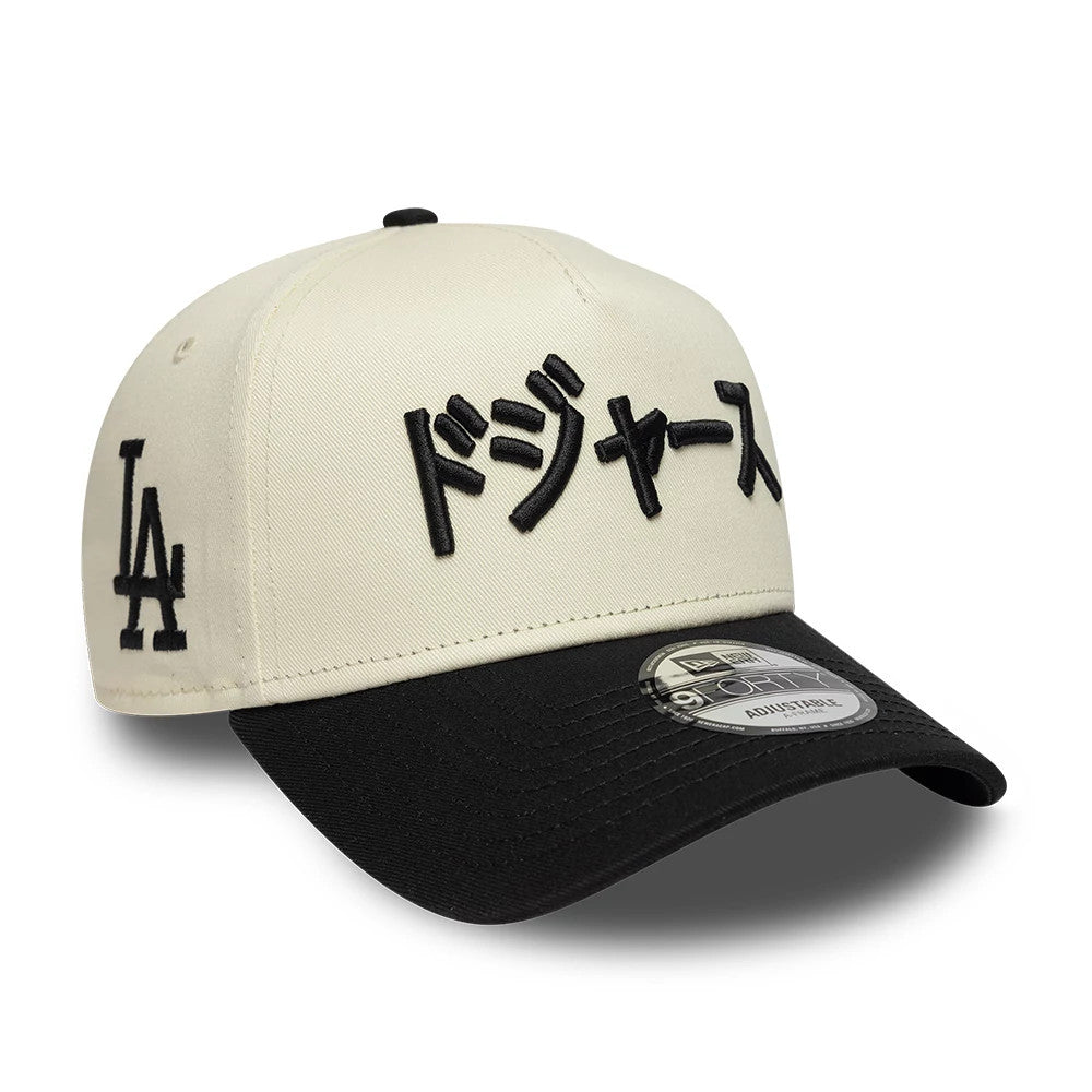 Pictured is this MLB Kanji LA Dodgers 9FORTY A-Frame Adjustable cap in cream & black. 1