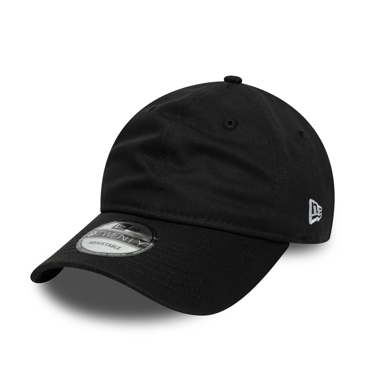New Era Black 9TWENTY Adjustable Cap, front view showing a black structured crown with a white embroidered New Era flag logo on the left side, a curved black visor with a 9TWENTY size sticker, and black eyelets.