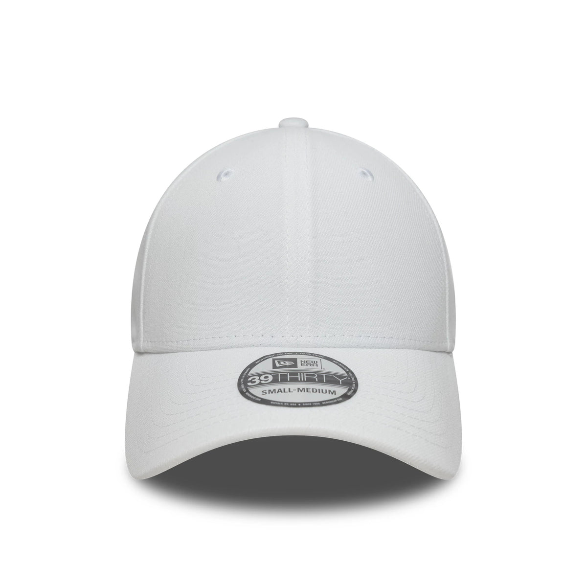 New Era White 39THIRTY Stretch Fit Cap, front view showing a curved white visor with 39THIRTY size sticker, classic structured crown with white panels and eyelets, complemented by a matching top button enhancing its appearance.