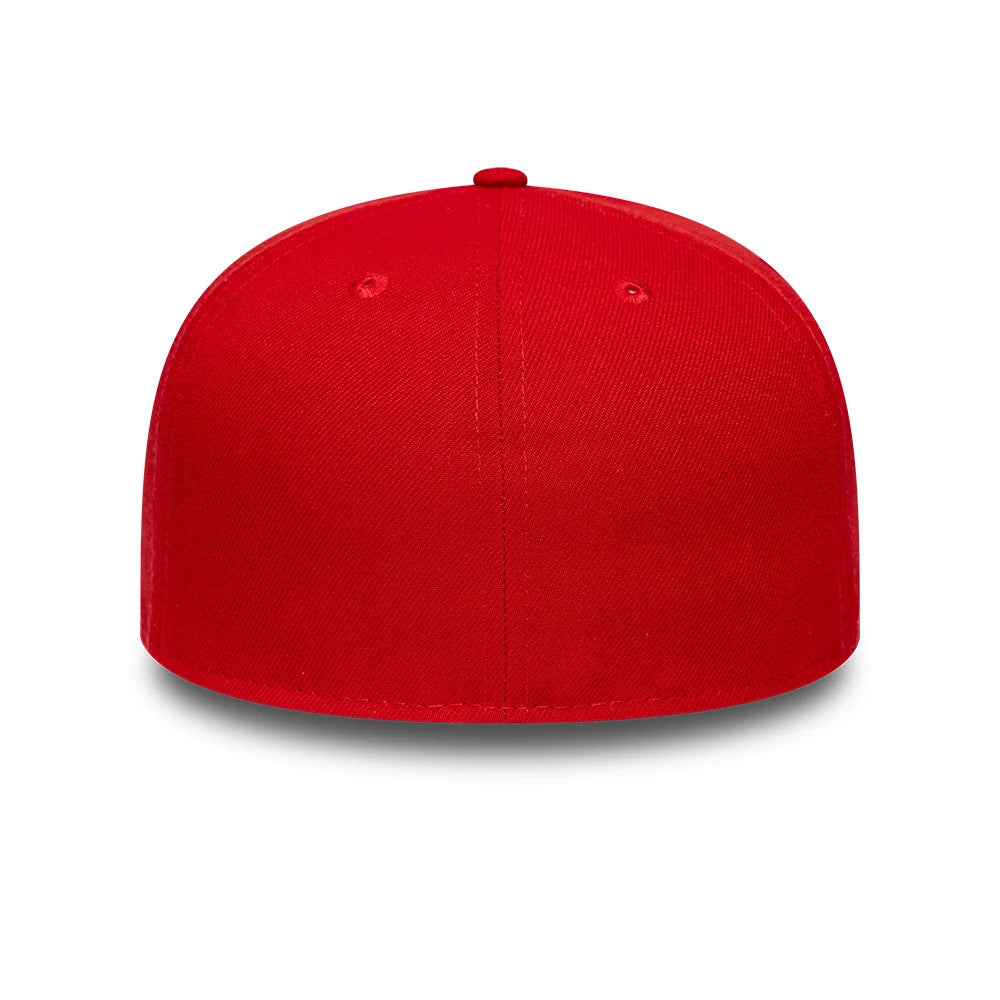 New Era Red 59FIFTY Fitted Cap, rear view showing a plain back with no logos, a structured red crown, and matching red eyelets and top button, creating a and seamless appearance across the back panels.