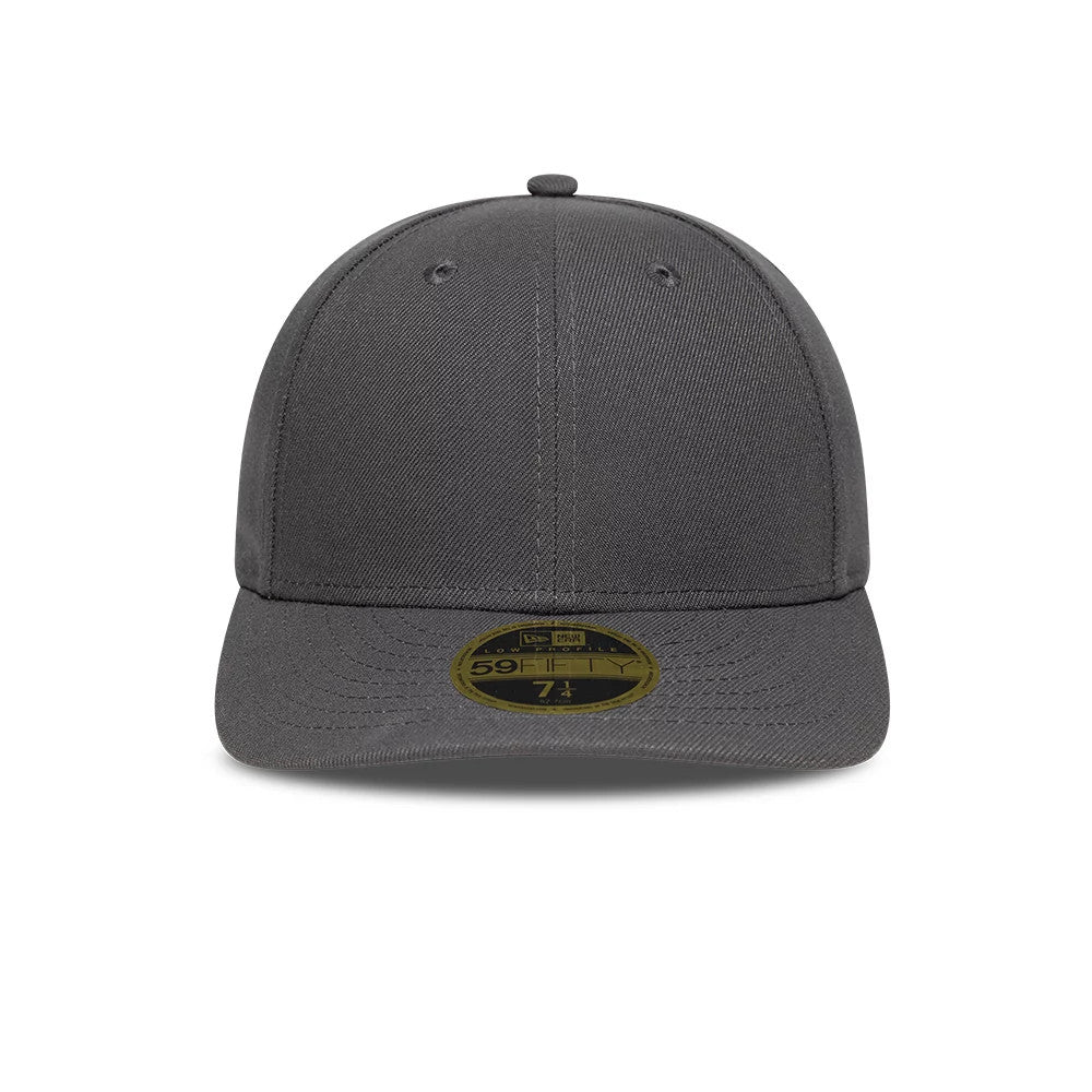 New Era Grey Low Profile 59FIFTY Fitted Cap, front view showing the seamless grey front panels with matching grey eyelets and a grey flat visor, featuring a gold 59FIFTY size sticker at the centre of the visor.