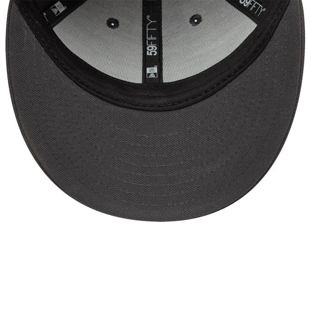 New Era Grey Low Profile 59FIFTY Fitted Cap, inside view showing a black undervisor with stitching, grey sweatband along the inner edge, and black taping featuring the 59FIFTY logo running across the panels.