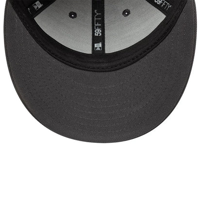 New Era Grey Low Profile 59FIFTY Fitted Cap, inside view showing a black undervisor with stitching, grey sweatband along the inner edge, and black taping featuring the 59FIFTY logo running across the panels.