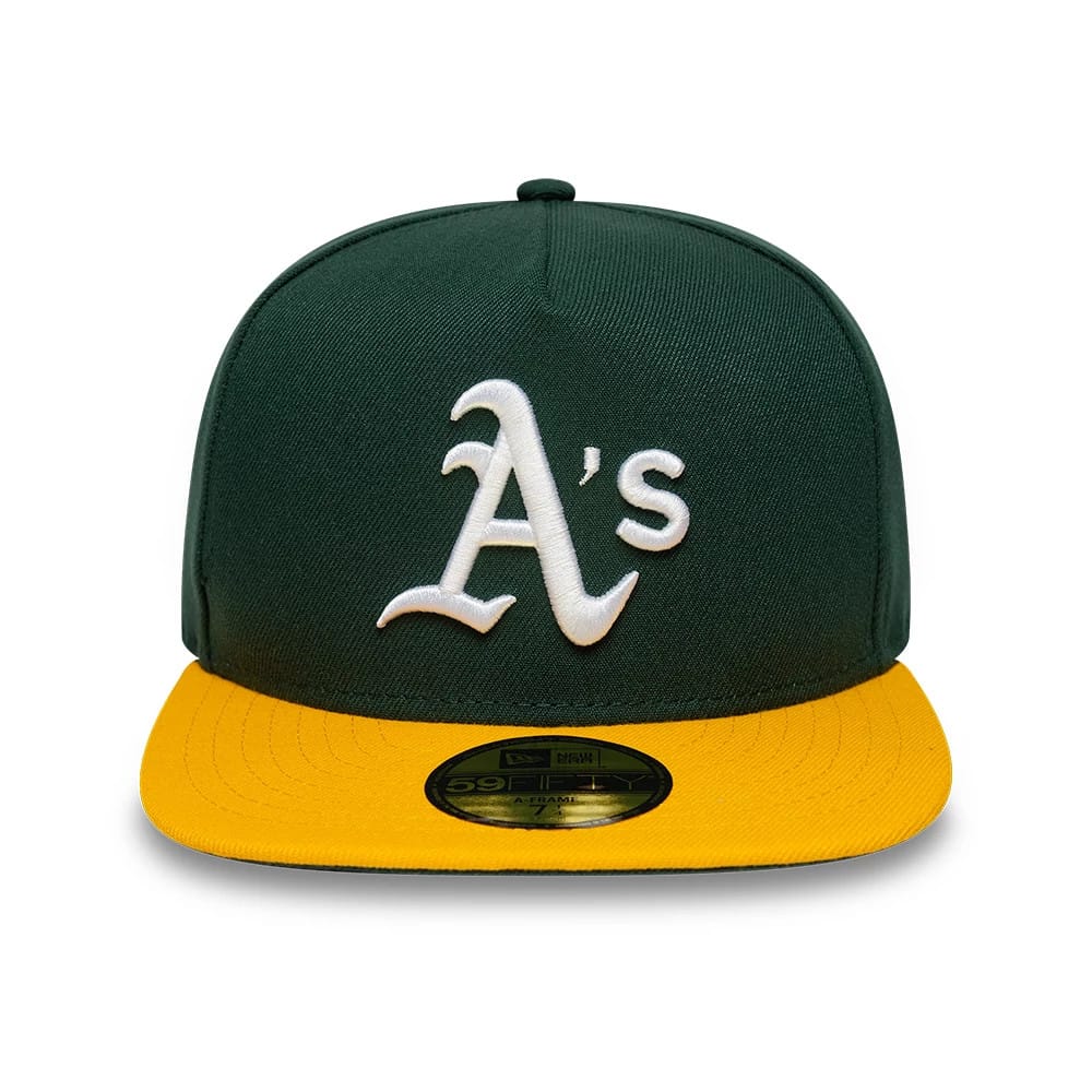 This is an Oakland Athletics Flat 59FIFTY A-Frame Fitted Cap in dark green & yellow. 2