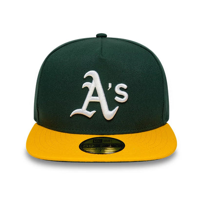 This is an Oakland Athletics Flat 59FIFTY A-Frame Fitted Cap in dark green & yellow. 2