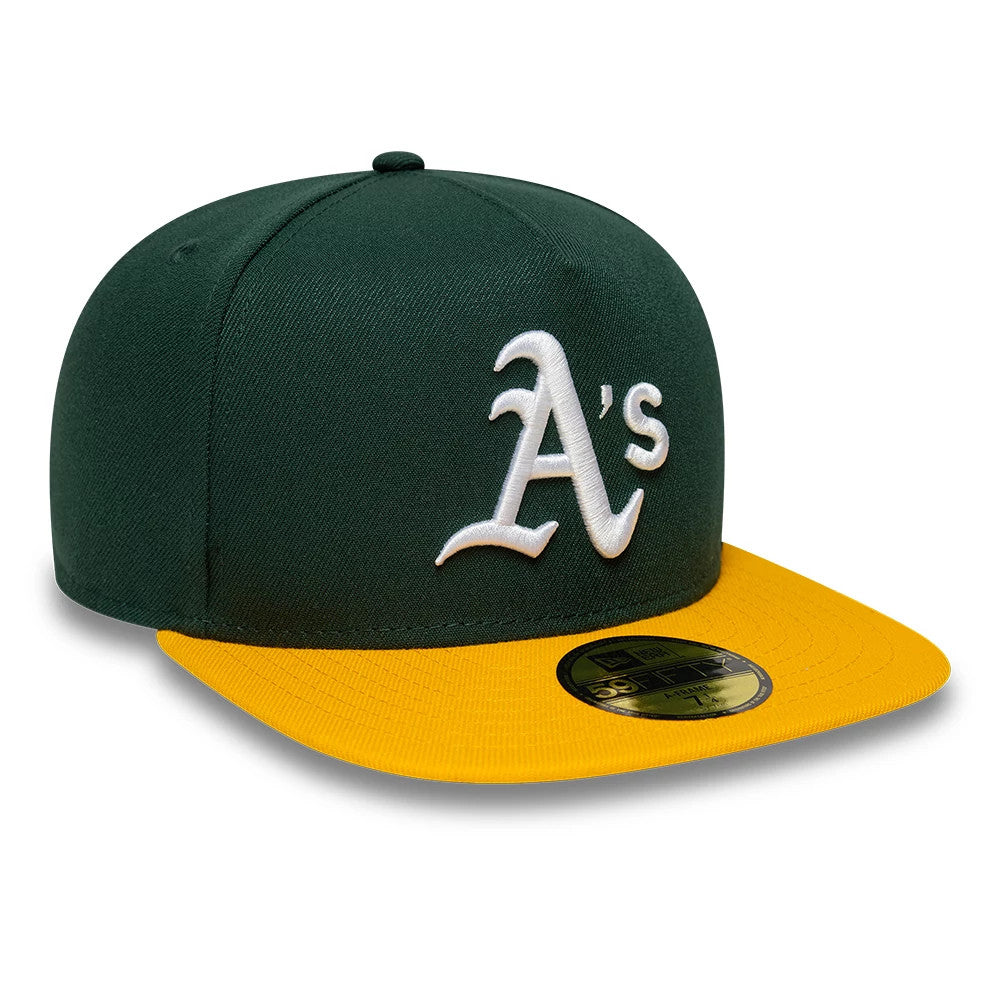 This is an Oakland Athletics Flat 59FIFTY A-Frame Fitted Cap in dark green & yellow. 3
