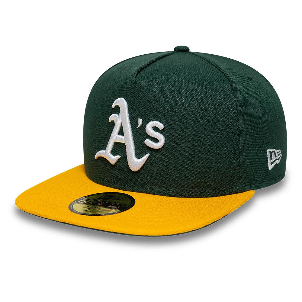 This is an Oakland Athletics Flat 59FIFTY A-Frame Fitted Cap in dark green & yellow. 1