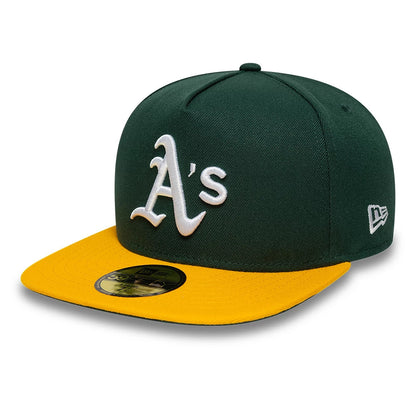 This is an Oakland Athletics Flat 59FIFTY A-Frame Fitted Cap in dark green & yellow. 1
