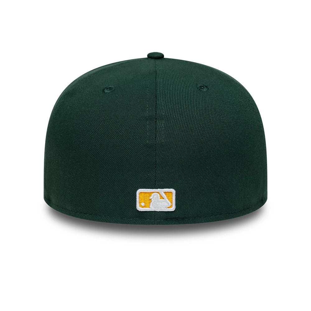 This is an Oakland Athletics Flat 59FIFTY A-Frame Fitted Cap in dark green & yellow. 6