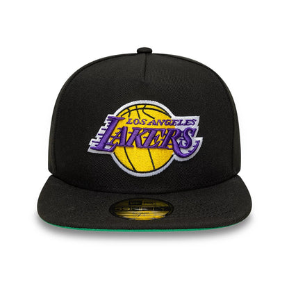 LA Lakers NBA Flat Black New Era 59FIFTY A-Frame Fitted Cap, front view showing a yellow and purple embroidered Lakers logo with a basketball design on the front panel, flat black visor, and gold 59FIFTY size sticker centrally placed.