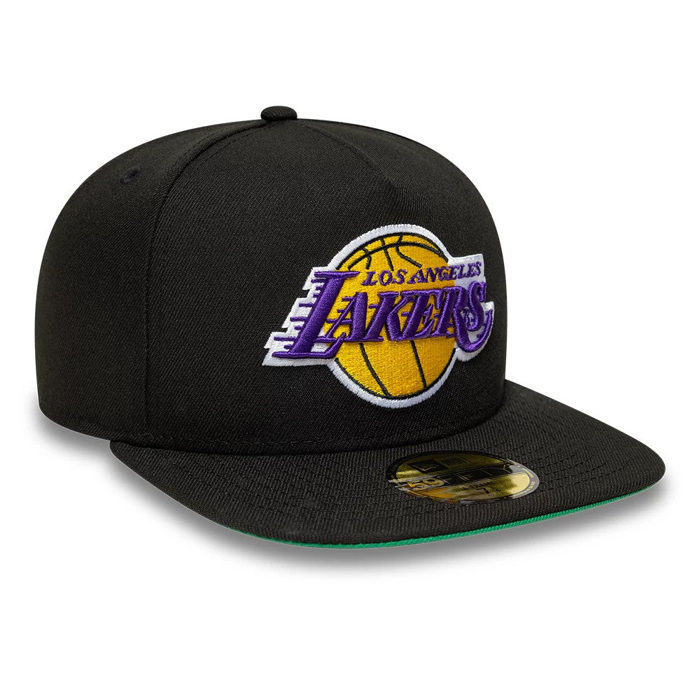 LA Lakers NBA Flat Black New Era 59FIFTY A-Frame Fitted Cap, three-quarter view showing the raised embroidered Lakers logo in purple and yellow on the front panel, black flat visor with a gold 59FIFTY size sticker and a green undervisor.