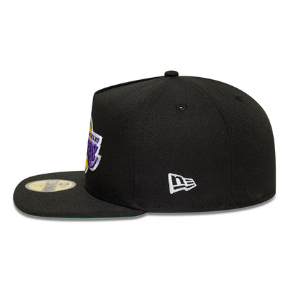 LA Lakers NBA Flat Black New Era 59FIFTY A-Frame Fitted Cap, side view showing the white embroidered New Era flag logo on the left side, with a structured black crown and a flat black visor featuring a gold 59FIFTY size sticker.