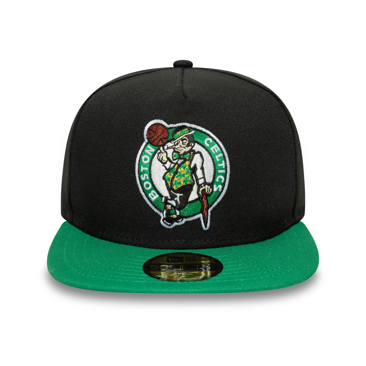 Boston Celtics NBA Flat Black & Green New Era 59FIFTY A-Frame Fitted Cap, front view showing a raised embroidered Celtics logo on the structured black crown, complemented by a green flat visor and a gold 59FIFTY size sticker.