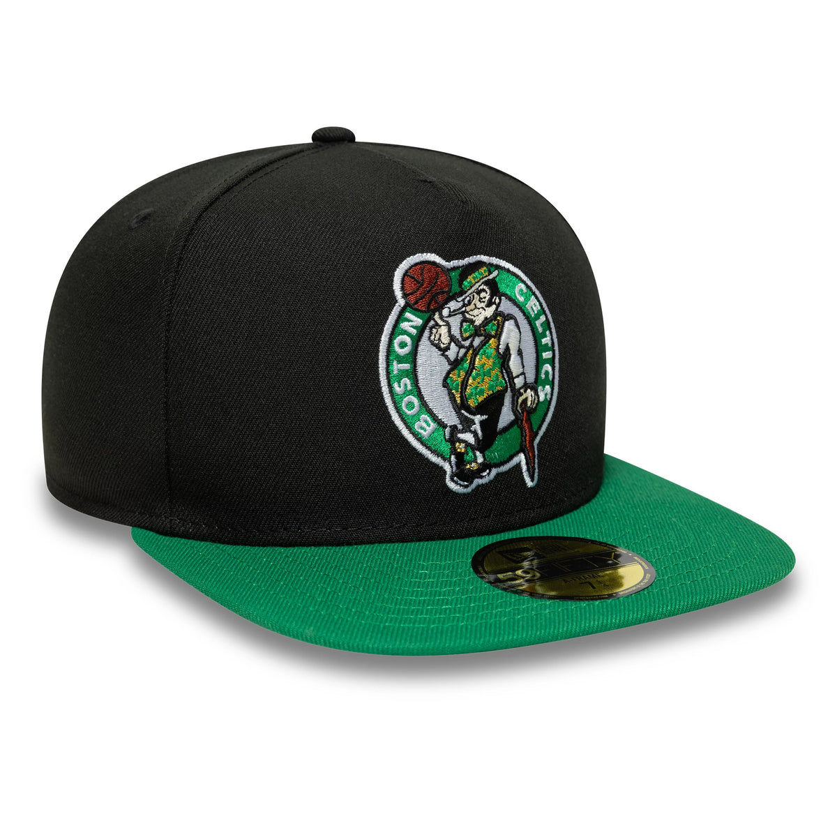 This is a Boston Celtics Flat 9FIFTY A-Frame Fitted Cap in black & green. 3