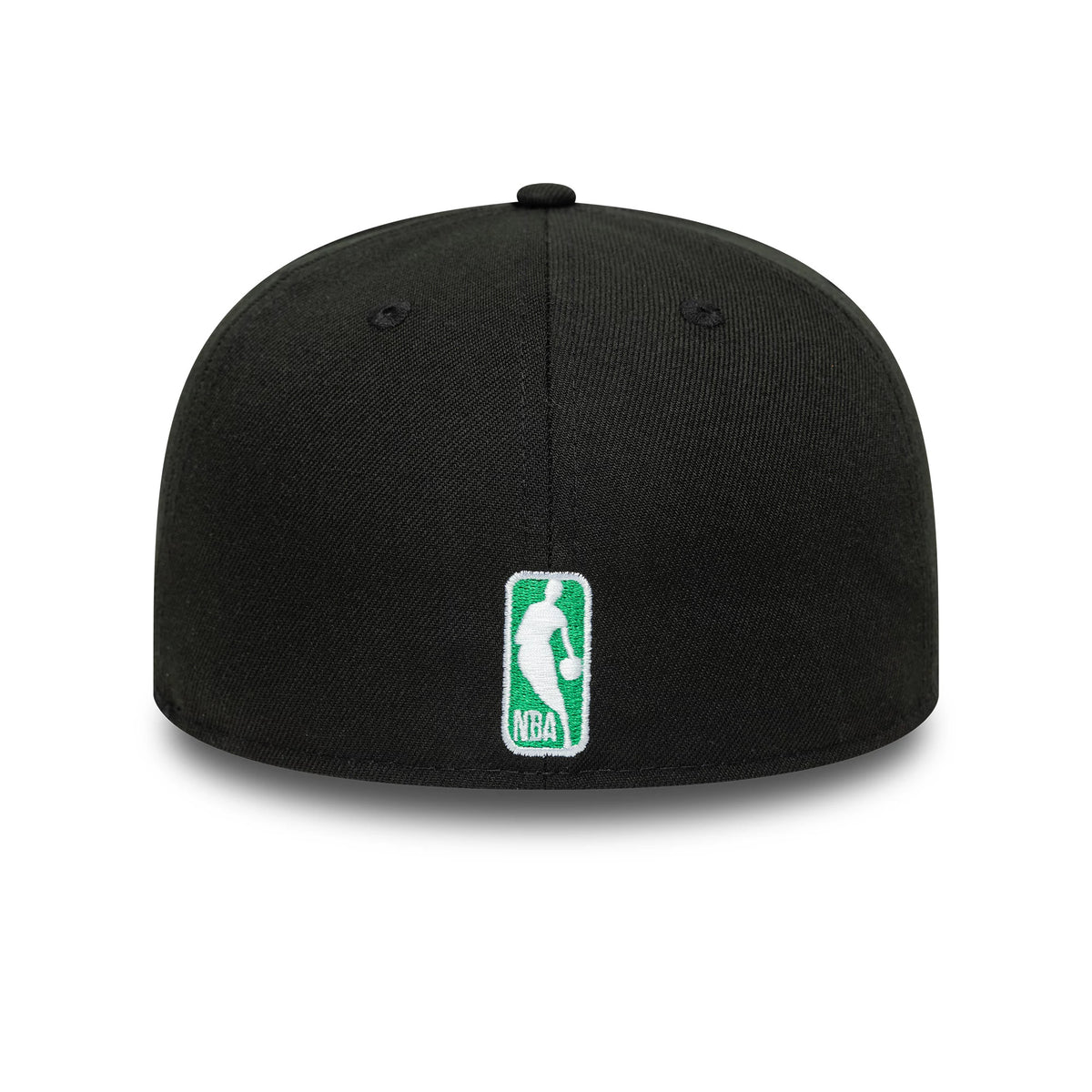 Boston Celtics NBA Flat Black & Green New Era 59FIFTY A-Frame Fitted Cap, rear view showing the green and white embroidered NBA logo at the centre of the back panels, with a structured black crown and matching black eyelets.