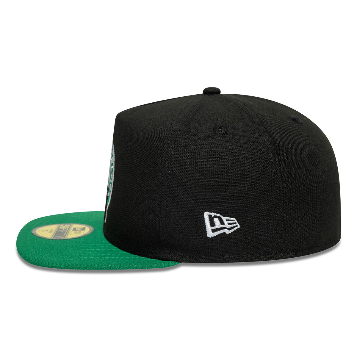 Boston Celtics NBA Flat Black & Green New Era 59FIFTY A-Frame Fitted Cap, side view showing the white embroidered New Era flag logo on the black crown, with a flat green visor and the 59FIFTY size sticker displayed on top.