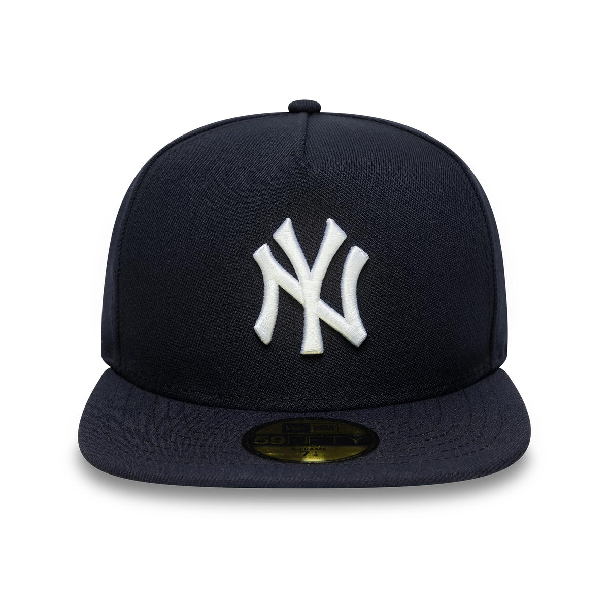 New York Yankees MLB Flat Navy New Era 59FIFTY A-Frame Fitted Cap, front view showing a raised white embroidered NY logo on the structured navy front panel, complemented by a flat navy visor and a gold 59FIFTY size sticker on the visor.