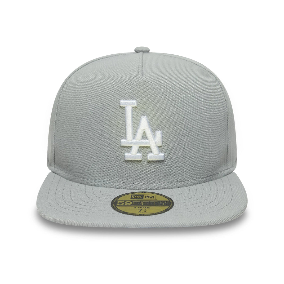 LA Dodgers MLB Flat Grey New Era 59FIFTY A-Frame Fitted Cap, front view showing a raised white LA logo embroidered on the front panel, a flat grey visor, and a gold 59FIFTY size sticker centred on the visor.
