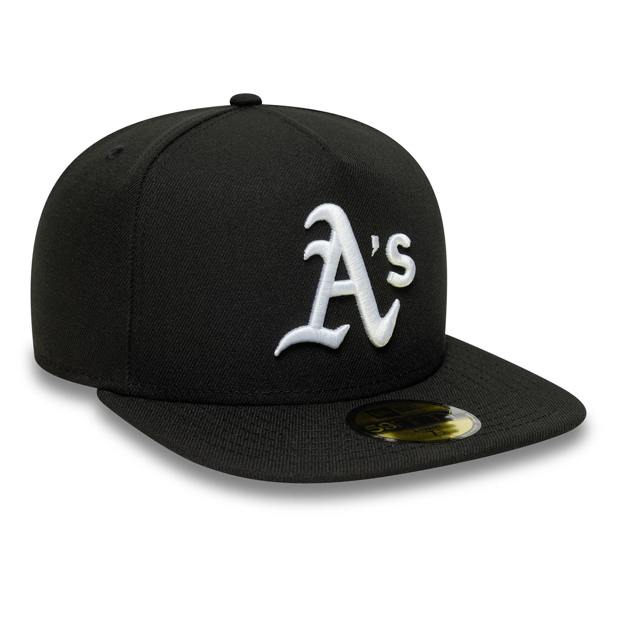 Athletics MLB Flat Black New Era 59FIFTY A-Frame Fitted Cap, front view showing raised white embroidered A's logo on the structured black crown, with a flat black visor and a gold 59FIFTY size sticker on the top.