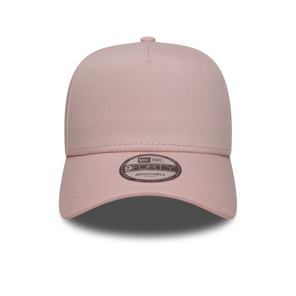 New Era Pink 9FORTY A-Frame Adjustable Cap, front view showing a plain pink structured crown with matching visor, featuring a 9FORTY size sticker on the slightly curved visor and a top button in the same pink colour.