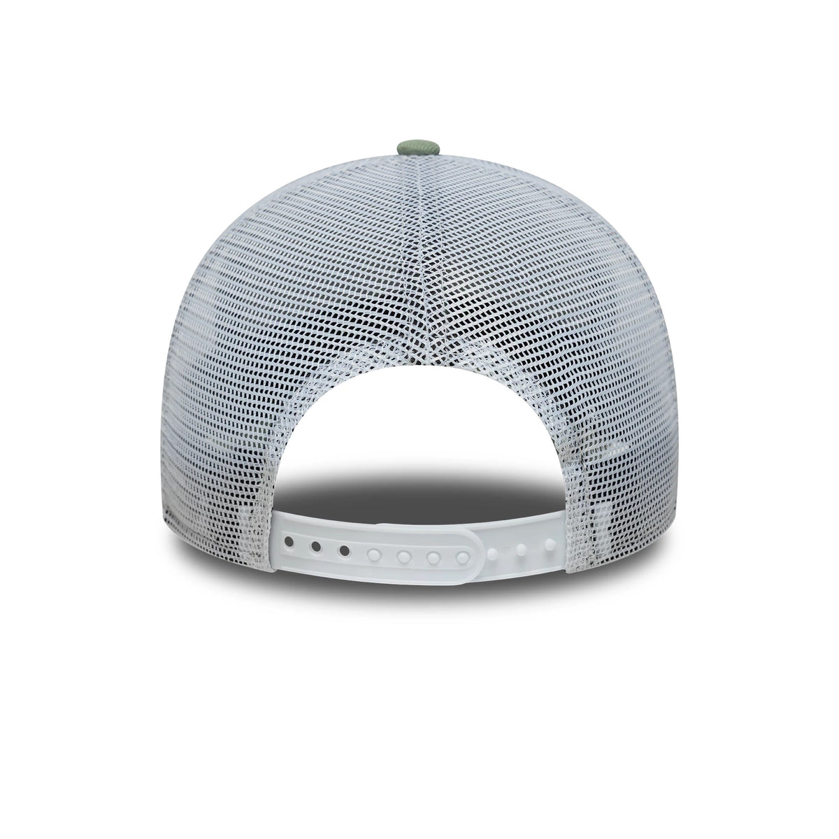 New Era Green 9FORTY Trucker Adjustable Cap, rear view showing the white mesh back panels with a curved design, a green top button, and the adjustable white snap closure for a custom fit.